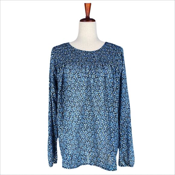 MICHAEL Michael Kors Blue Gold Leaf Smocked Sheer Popover Top Size M - Picture 1 of 7